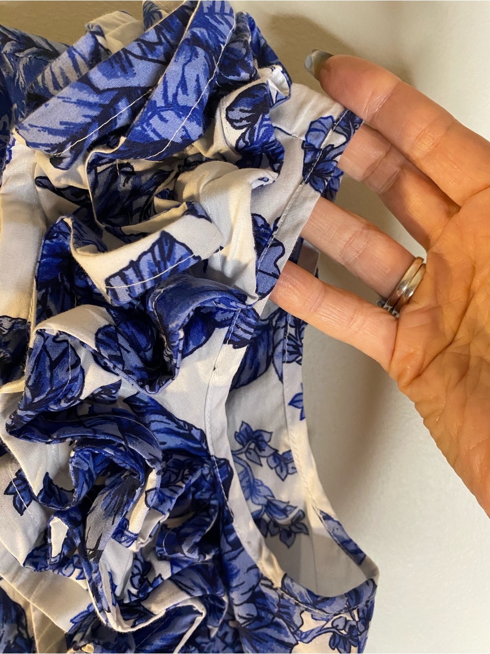 CeCe Blue and White Floral Ruffle Sleeve Blouse - Picture 5 of 12